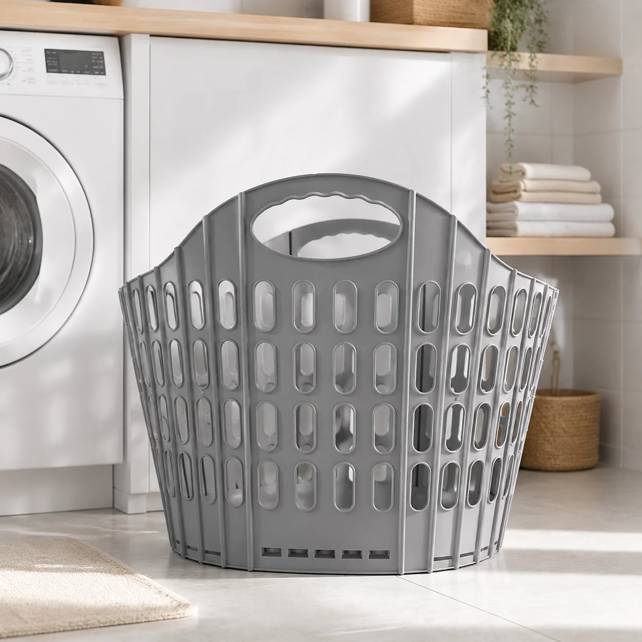 Fold‑Flat Laundry Hamper, Collapsible Ventilated Plastic Clothes Basket with Dual Handles, Space‑Saving Storage Bin for Apartment Dorm Bathroom