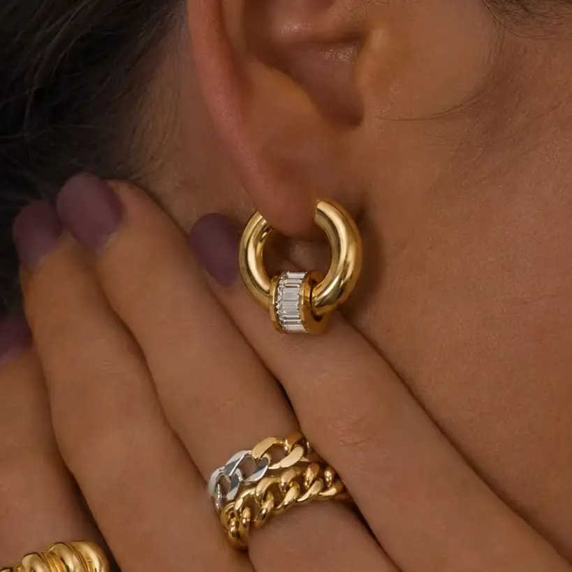 SHIXIN 2026 New Stainless Steel 18K Gold Plated Hoop Earrings for Women Luxury Shiny Zircon Circular Piercing Ear Jewelry Gifts