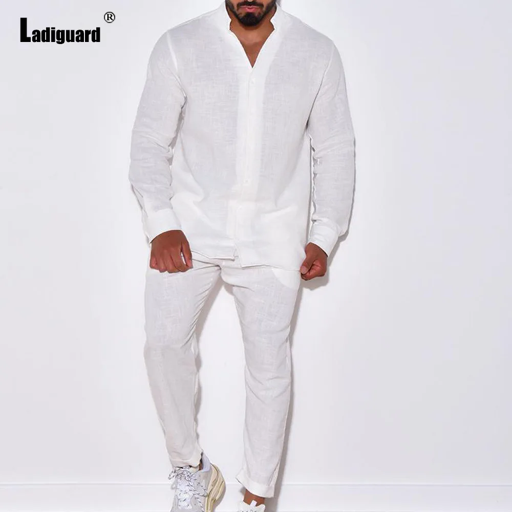 Plus Size Mens Casual Linen Two Piece Sets 2025 America and Europe Fashion Basic Tops and Pencil Pants Suit Male Tracksuits Set