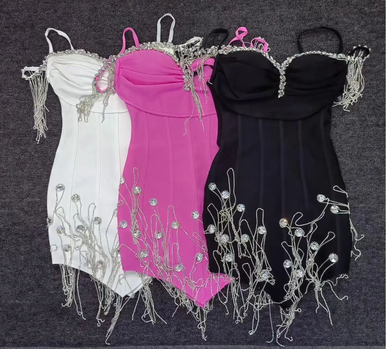 

3Color Women New Crystal Diamonds Tassel Spaghetti Strap Bodycon Mini Bandage Dress Birthday Celebrity Evening Club Party Dress