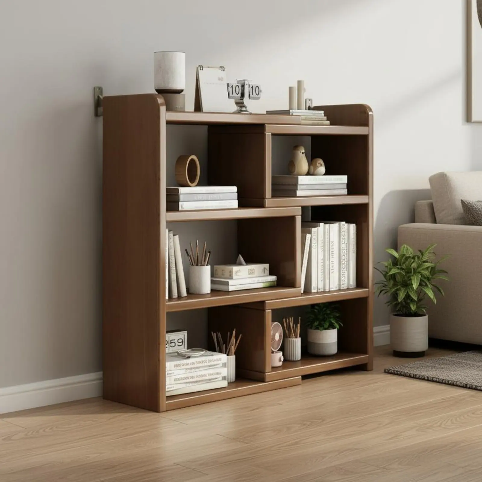 Extendable Wooden Book Rack Multi-Tier Retractable Floor Standing Shelf Adjustable Corner Shelf Sturdy Construction Shelving