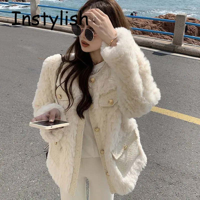 Elegant Korean Harajuku Lamb Wool Coat Autumn Winter Thick Warm Faux Fur  Single Breasted Jackets Office Lady Plush Coat Outwear