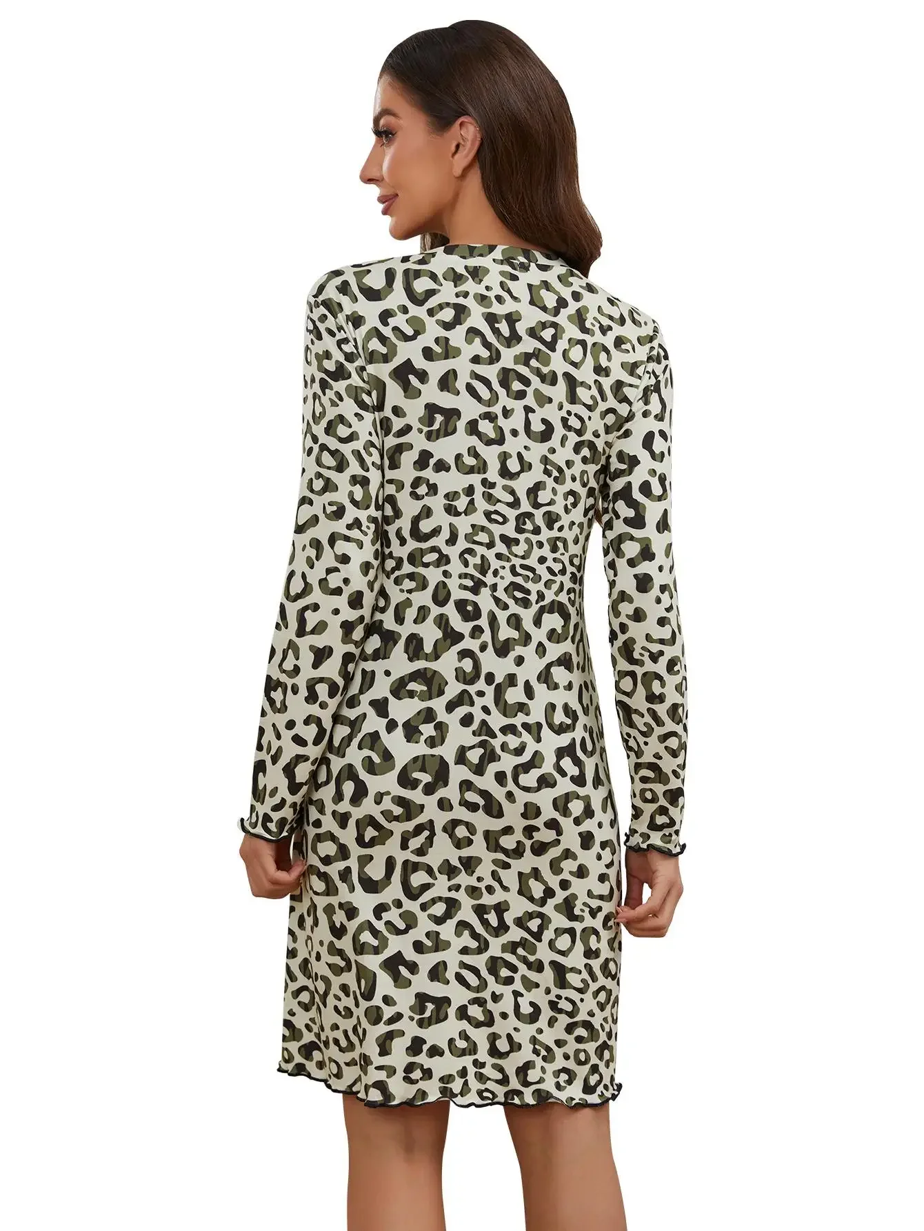 V Neck Ruffle Trim Women Nightgown Long Sleeves Leopard Print Pajama Dress Female Sleepwear Spring Fall Nightwear Homewear