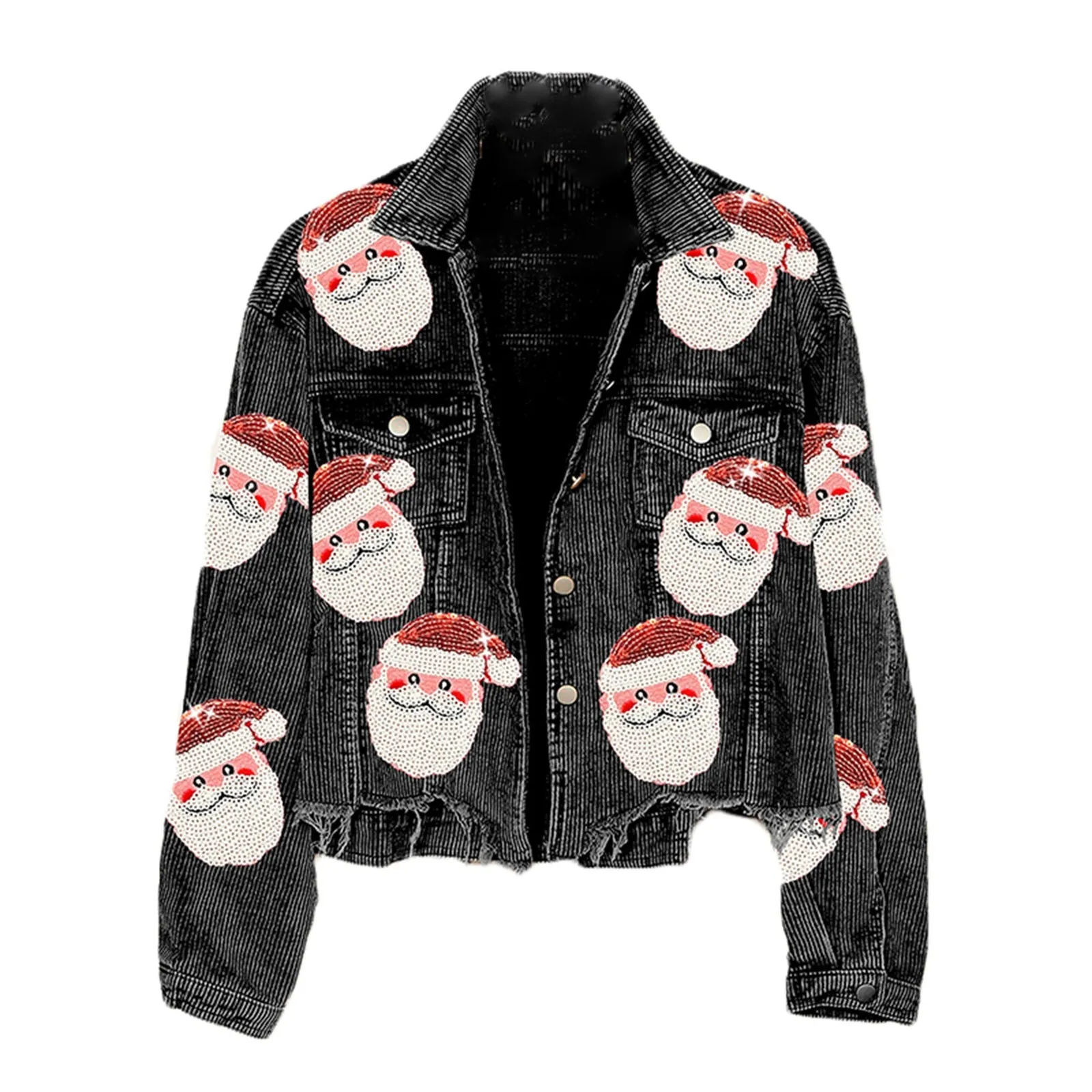 Autumn Winter Corduroy Santa Sequined Jacket Ripped Christmas Stylish Jacket Winter Lapel Button Up Short Jackets for Women