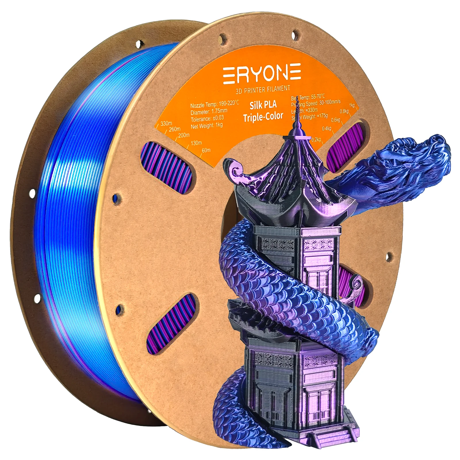 ERYONE 1KG Seiden-Dreifarben-Serie PLA 3D-Drucker Filament 1,75mm, Dreifarbige Koextrusion Seidig Glänzende Oberfläche, 1kg Spule