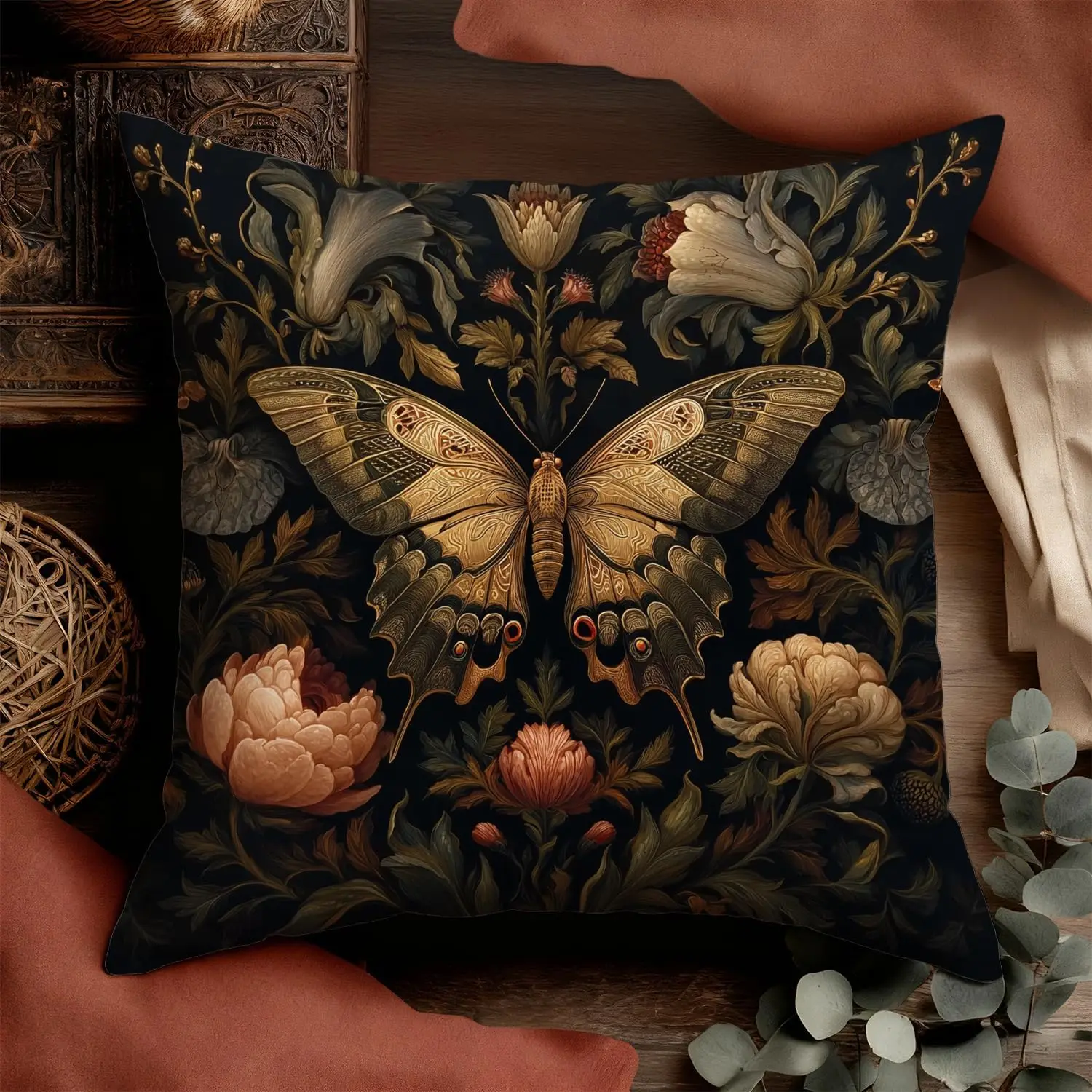 Vintage Botanical Butterfly Floral Pillow Cover Cushion Case 18x18 Inch Dark Academia Nature Print Throw Decorative Home Decor L