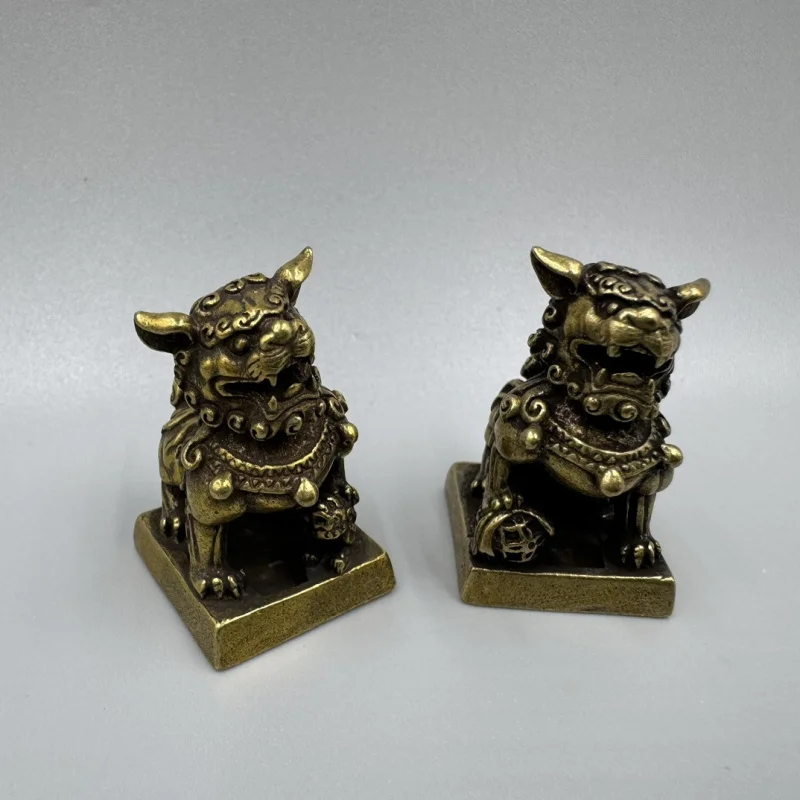 Antique Collectible Bronze Pair Ornament, Pure Brass Lion Seal Decorative Craft