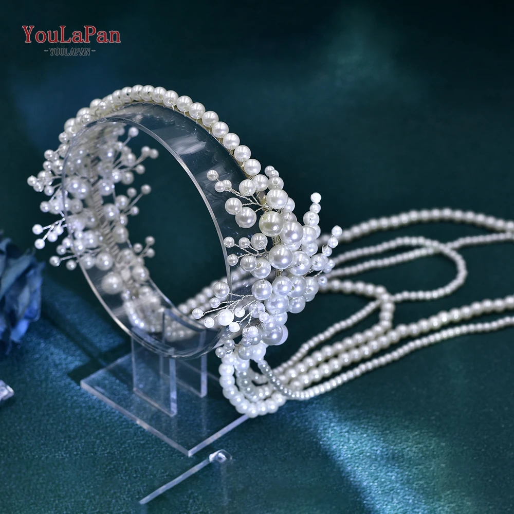 YouLaPan-Diadema de novia para ser hecha a mano, accesorios para el cabello de boda, perlas completas, tocado de cristal, adornos, Aro para el