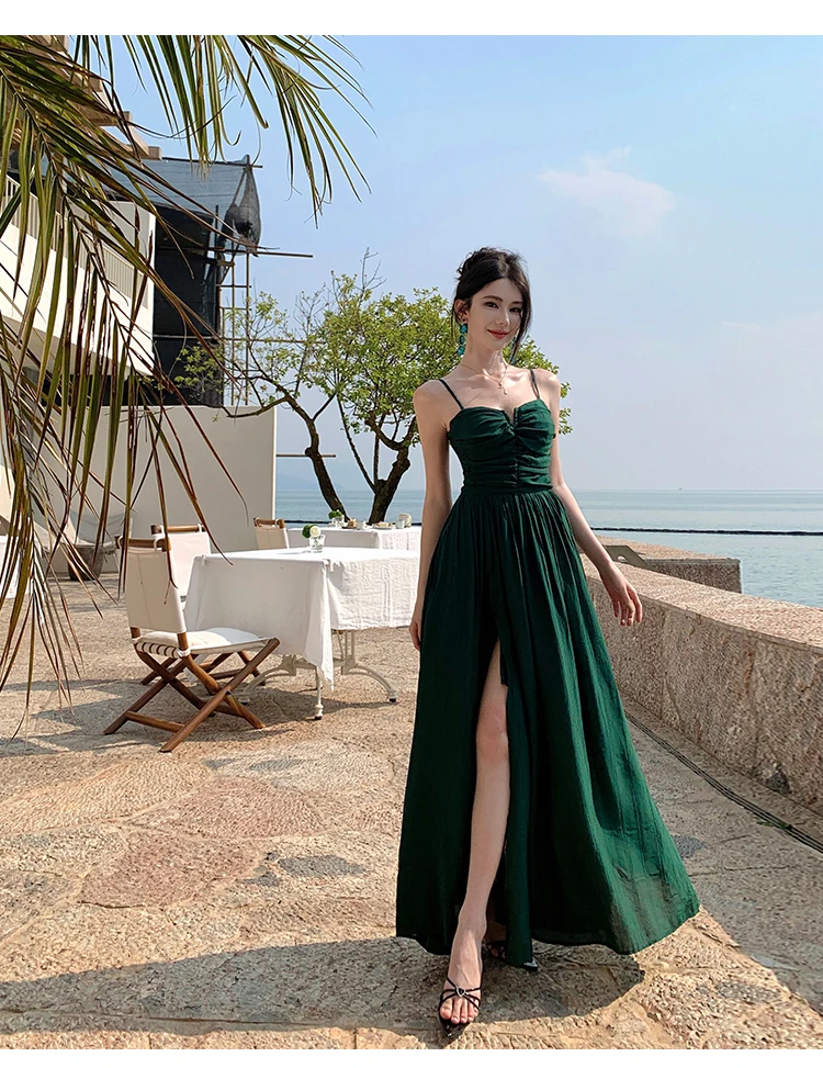 Nueva moda Sexy Spaghetti Strap espalda descubierta vestido sólido de las mujeres una línea de cintura delgada exquisitos vestidos de fiesta de vacaciones de verano