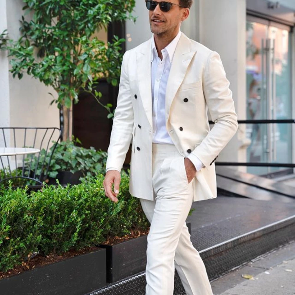 Off White Mens Suit 2 Piece Set Classic Peaky Blinder Suit Slim Fit Vintage Suit Business Jacket Pants Custom Wedding Tuxedos