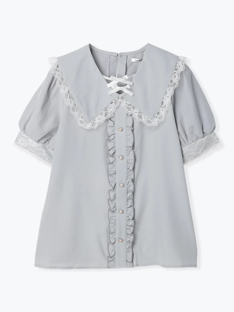 Japanese Mine Style Doll Collar Short Sleeve Lace Patchwork Ruffled Heart Buckle Single Breasted Bow Sweet Shirt Blouse Women