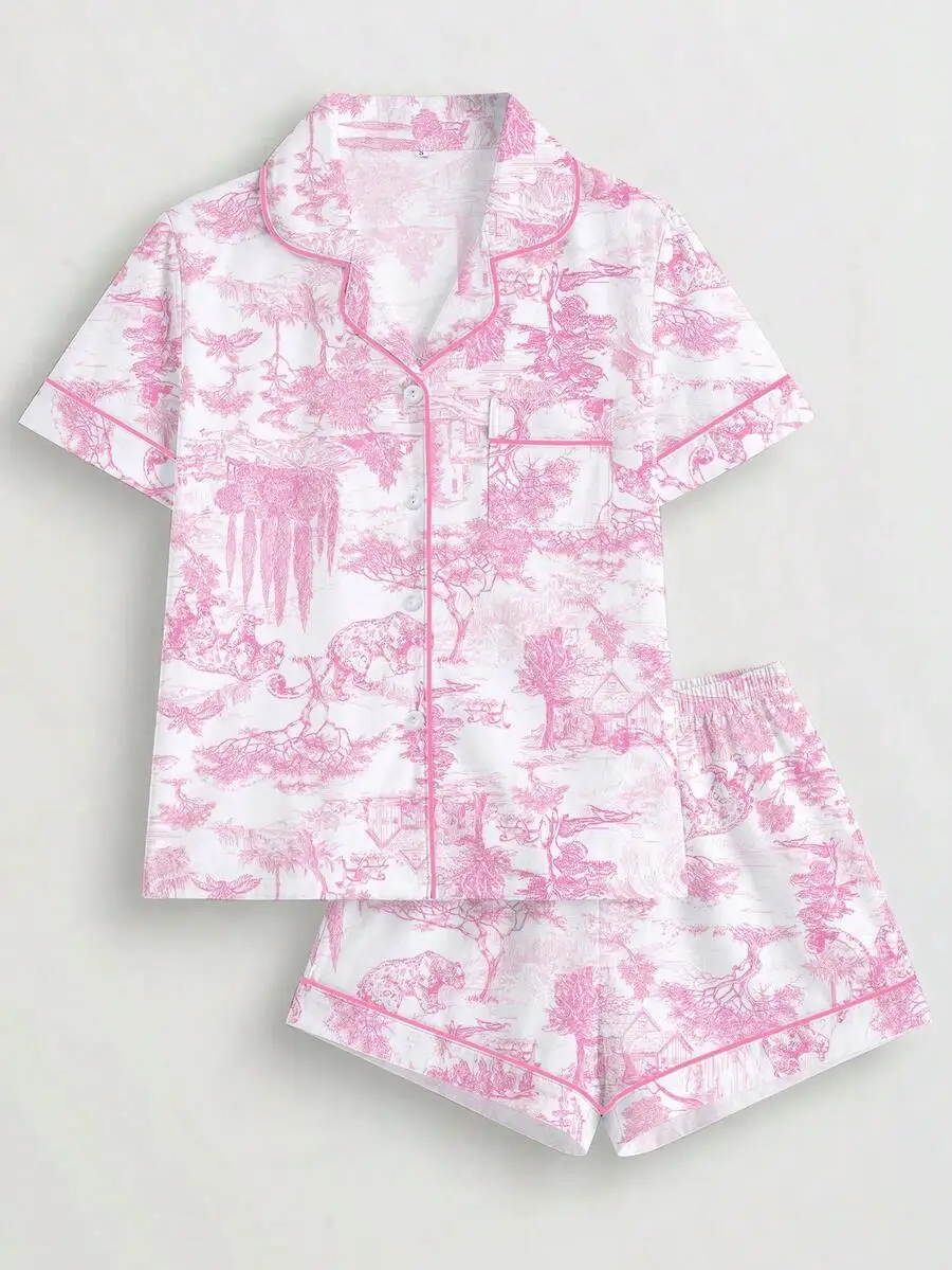 Women Short Sleeve Button Up Pajama Set With Collar Pink Toile Print Loose Elastic Waist Shorts Sleepwear