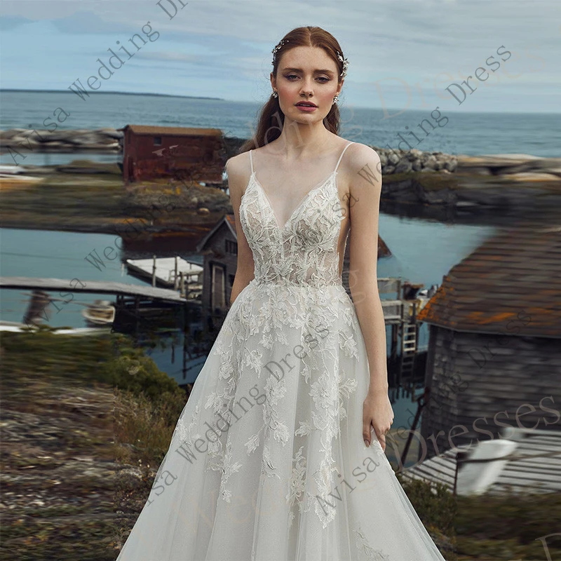 Vestido de casamento boêmio encantador, apliques de renda, vestidos de noiva, cintas, decote em v, sem mangas, vestido sem costas