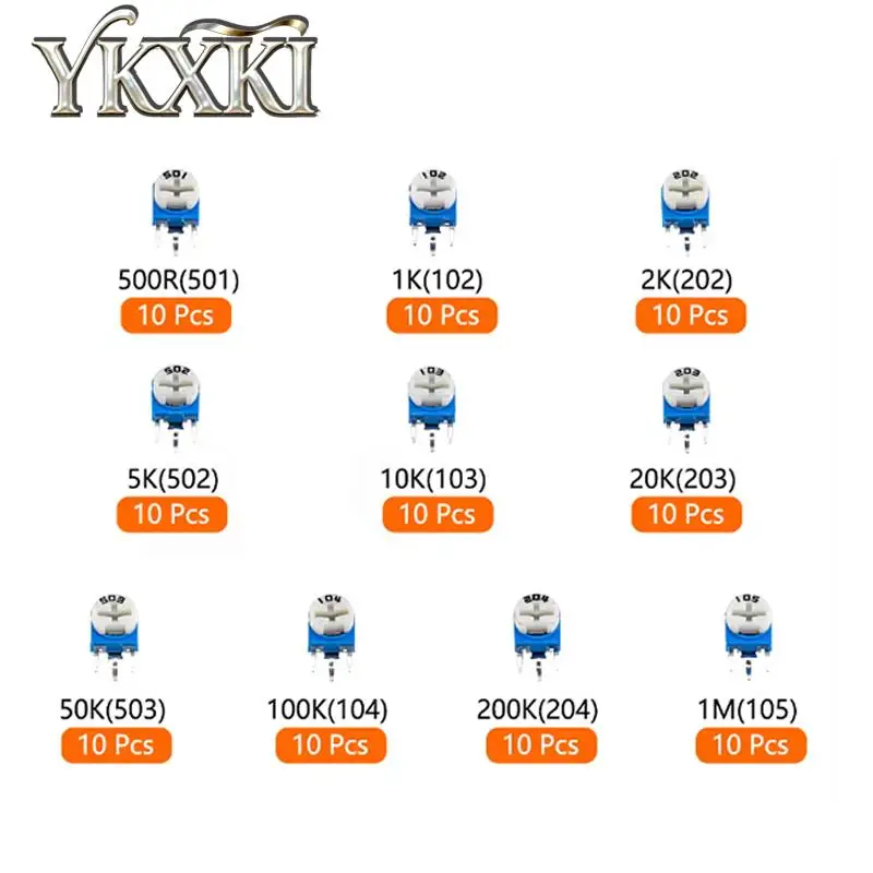 100PCS 10Values RM063 Kit Box 501 500R 1K 2K 5K 10K 20K 50K 100K 200K 1M Ohm Trimpot Trimmer Potentiometer Variable Resistor