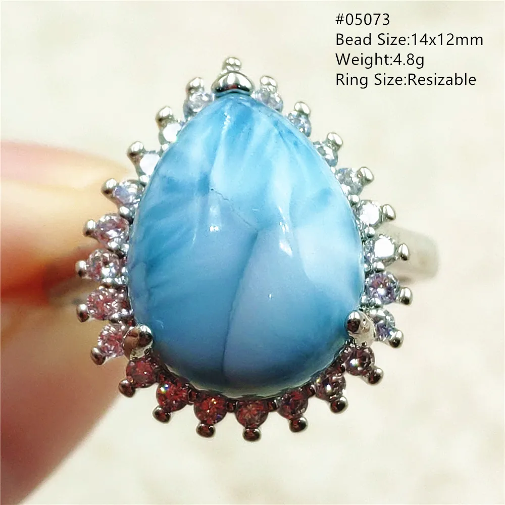 Natural Blue Larimar Adjustable Ring 925 Sterling Silver Larimar Gemstone Women Men Water Pattern AAAAA
