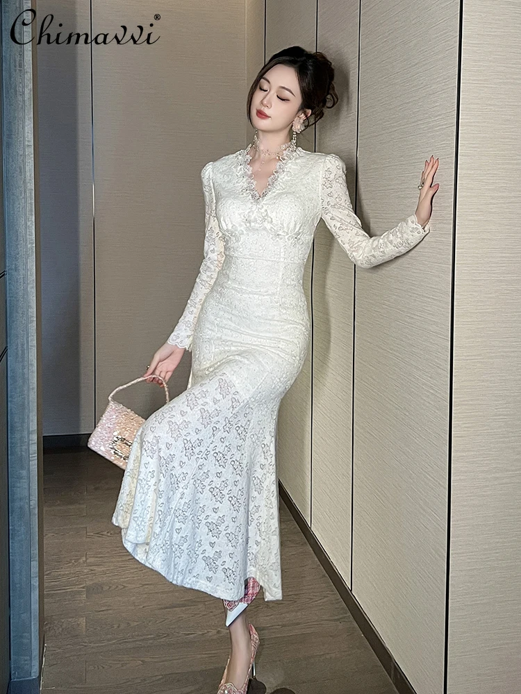 

Элегантные французские кружевные вечерние платья в стиле пэчворк с v-образным вырезом и длинным рукавом с высокой талией, облегающее белое длинное платье «рыбий хвост» для женщин