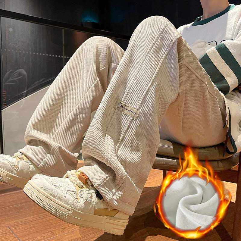 

Men's Fce Lined Thermal Sweatpants Loose Straight Leg Casual Trousers Comfortable Warm Cotton Pants mid Waist Fit