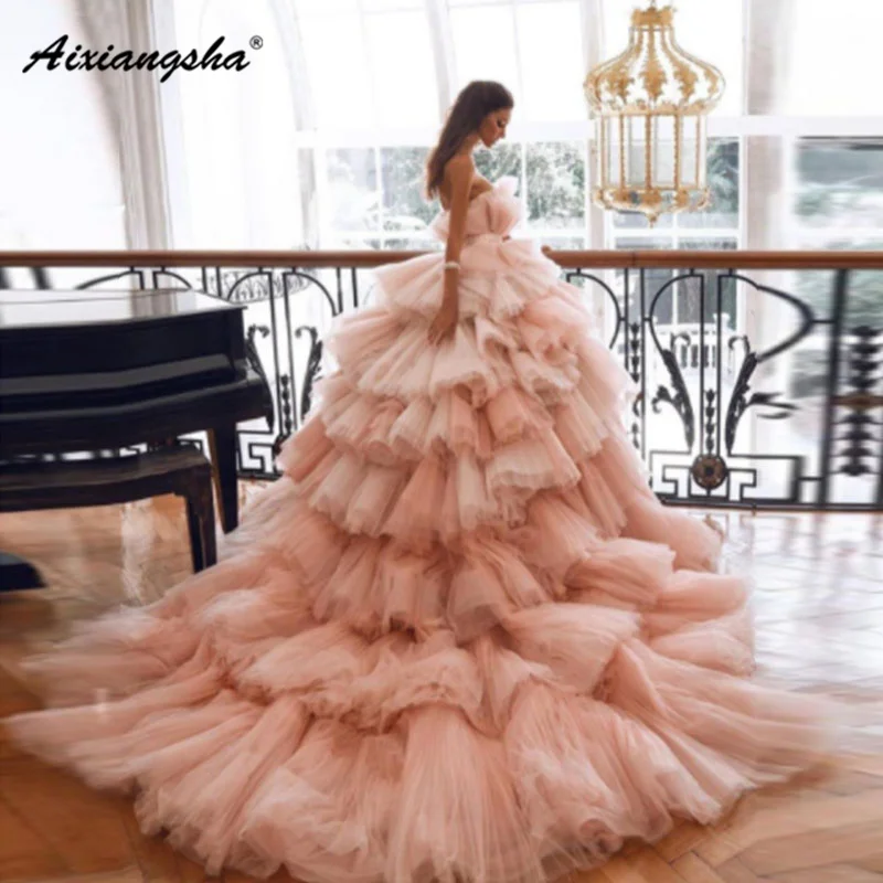 Aixiangsha Princess Pink Strapless Tiered Pleat Tulle Ball Gown Sash Evening Dress Prom Gown Special Occasion Vestido De Novia