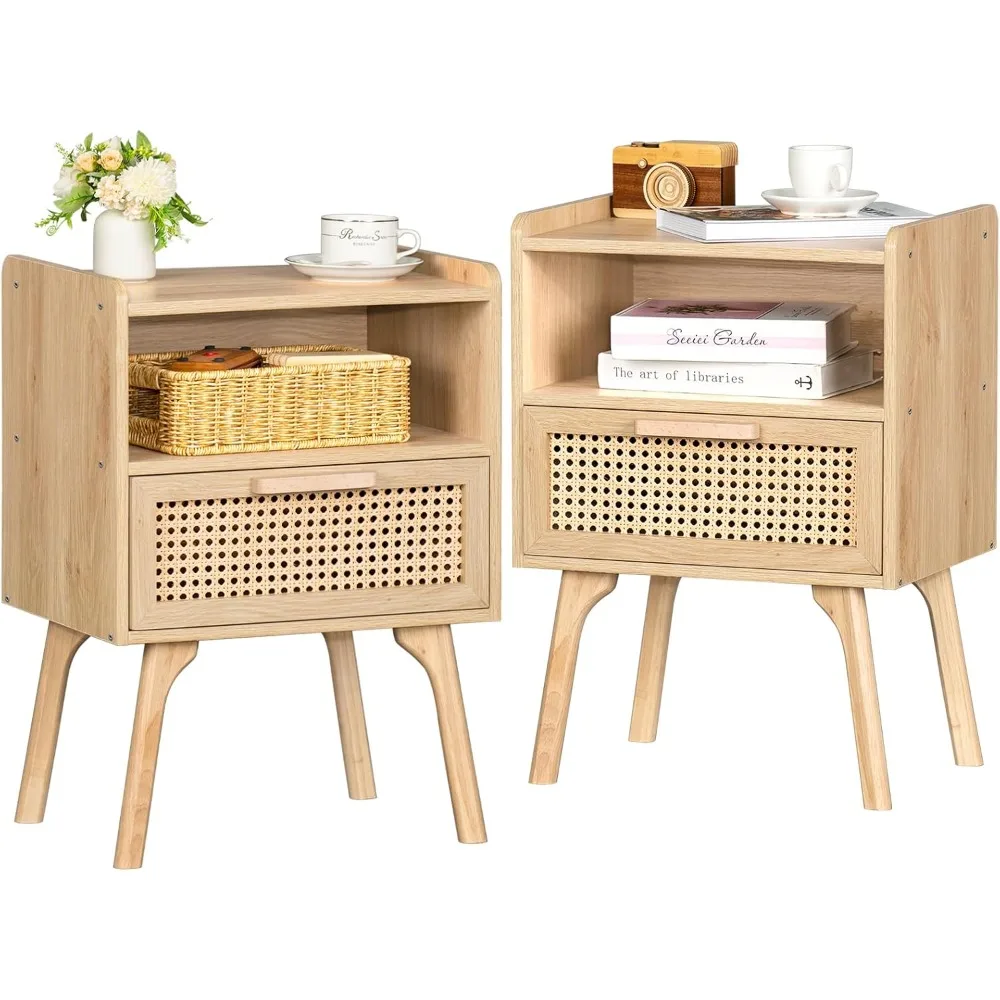 

Rattan Nightstands Set of 2, Boho Side Table with Drawer Open Shelf, Cane Accent Bedside End Table with Solid Wood Legs for Bed