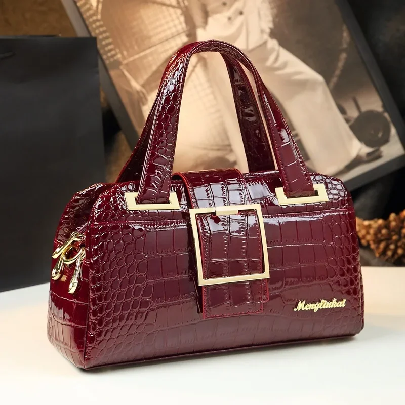 Women Boston Bag Ladies Fashion Shoulder Handbag Embroidery Patent Leather Messenger Mother   Handbags