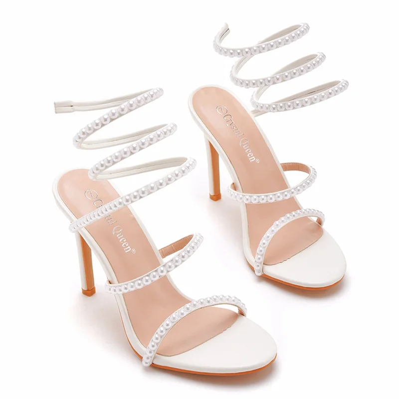 Pearl High Heels Women\'s shoes Crossed thin Strap handmade Color diamond sexy stiletto Heels square head open toe sandals