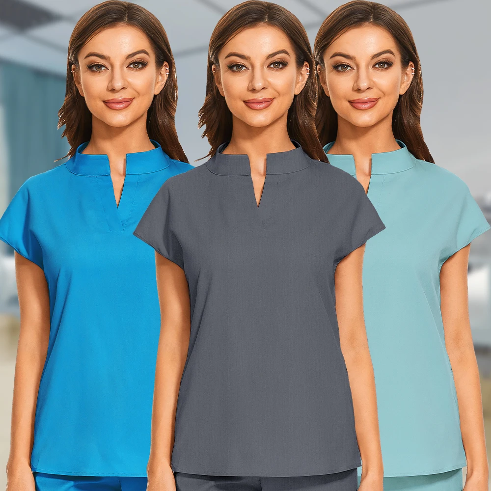 Mulheres Stand Collar Scrubs Tops, Uniformes Médicos, Top, Manga Curta, Blusa, Macia, Fino, Camisas Enfermeira, Workwear Laboratório, Cirurgia, Moda