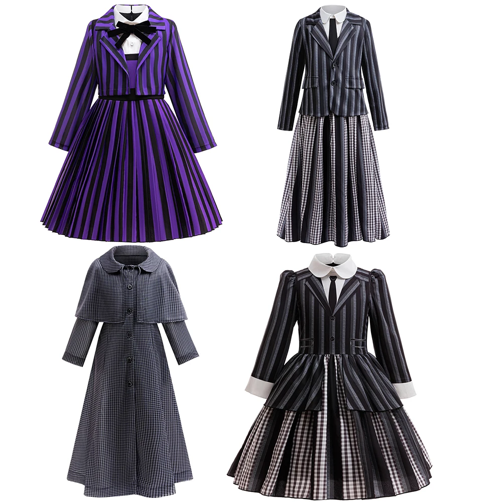 Hallown فتاة فستان مخطط زي مدرسي ملابس أطفال الأربعاء تأثيري حلي الفيلم نفس النمط مجموعات لأداء الأطفال