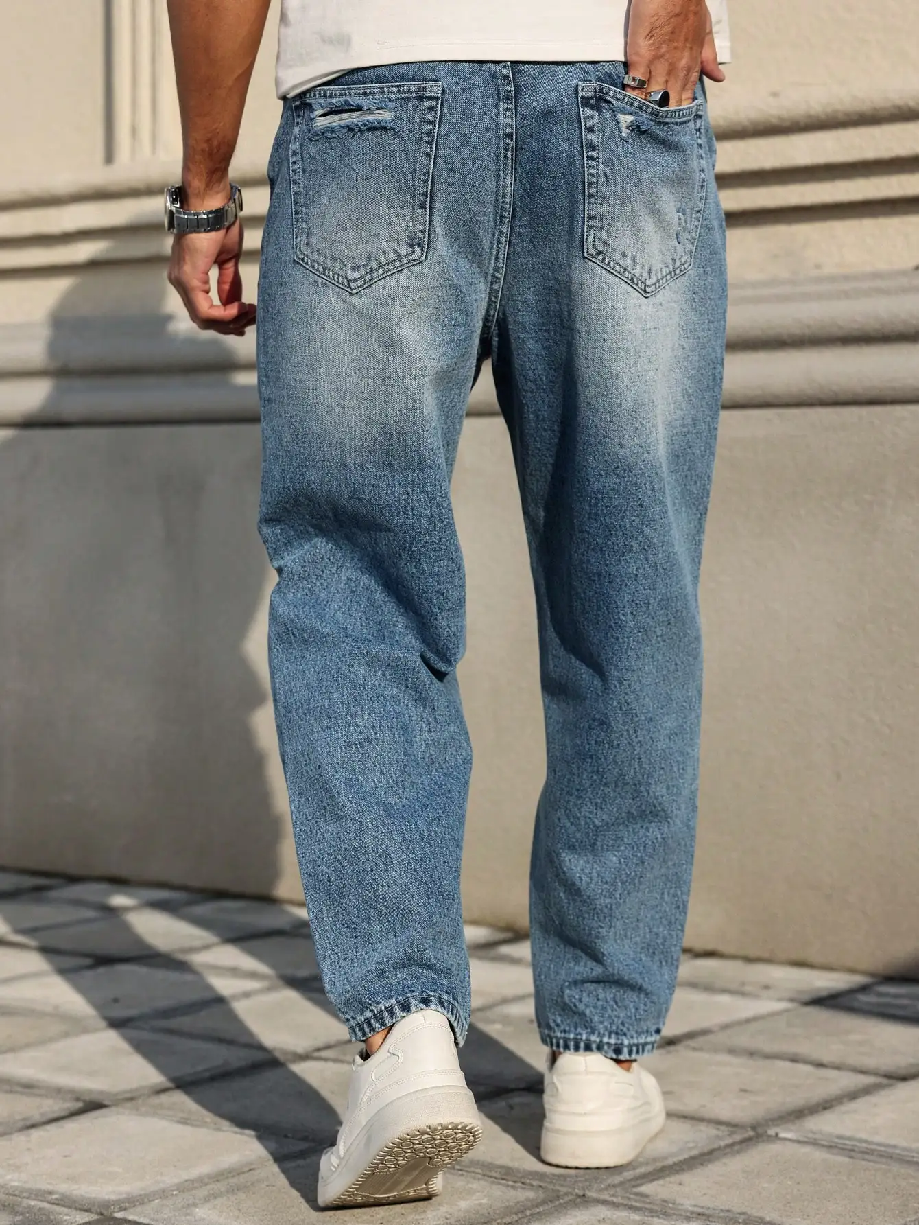 Vaqueros rasgados azules para hombre, pantalones de mendigo desgastados retro, pantalones harem sueltos de tendencia callejera