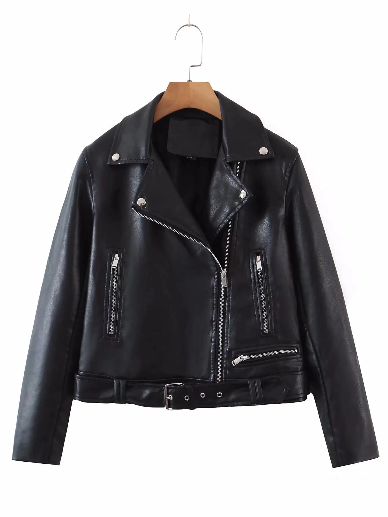 Short Green Gecko Biker Leather Jacket Long Sleeve Zipper Belt Black Basic Coat Outerwear for Women Fashion 2022 Zipper Rivet