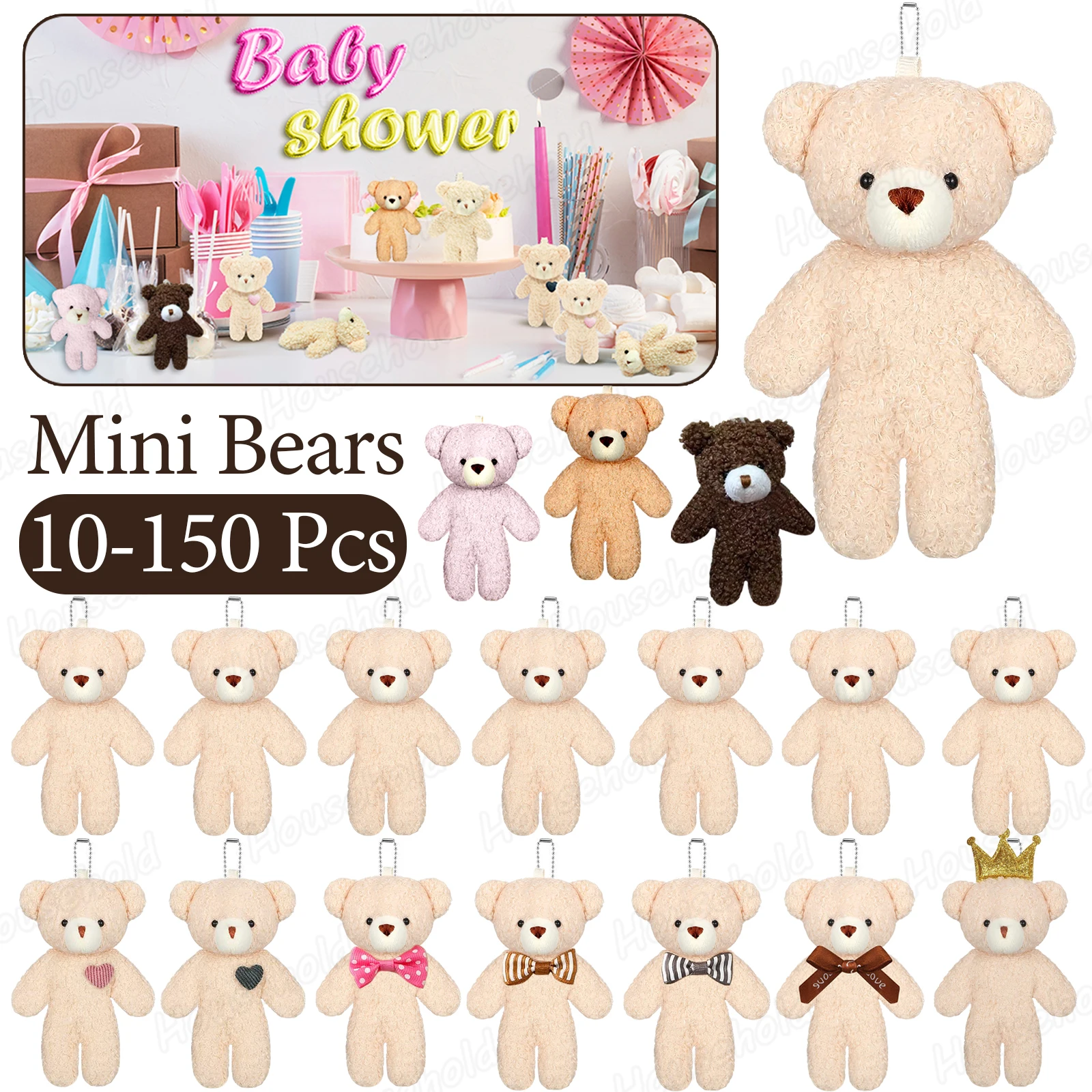 10-150Pcs Mini Bears 12cm Small Plush Bear for Baby Shower Decoration Bear Keychain Birthday Party Favor for Christmas Mini Gift