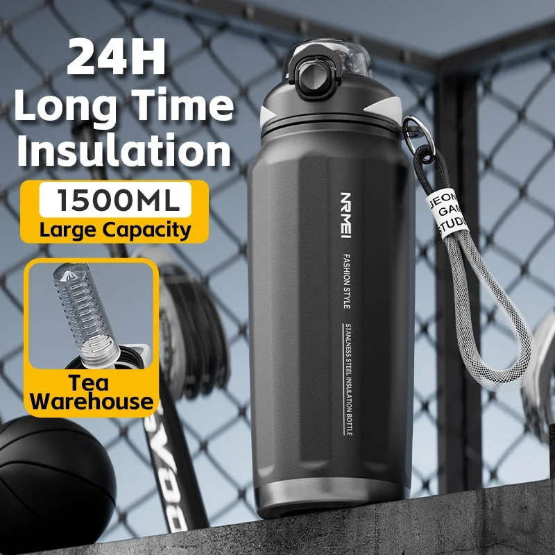 One Button Open Water Bottle with Lifting Rope, Capacity Large Stainless Steel Thermos Bottle, Outdoor Sport Vacuum Flasks