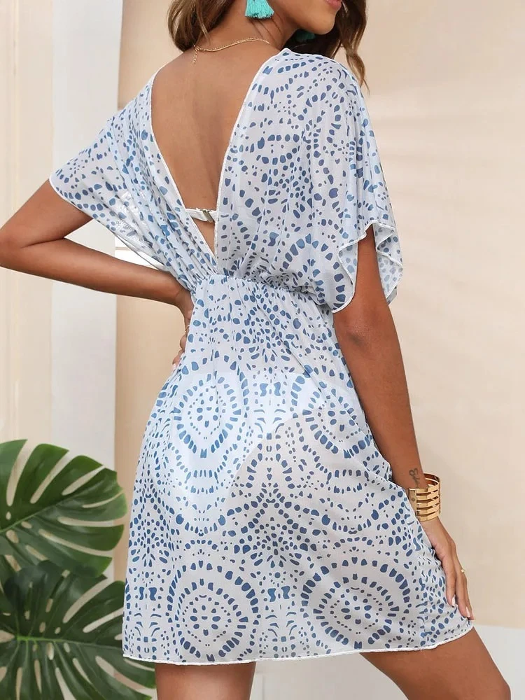 Bikini estampado Sexy para mujer, vestido playero de manga corta con cuello en V cruzado, traje de baño brasileño para mujer