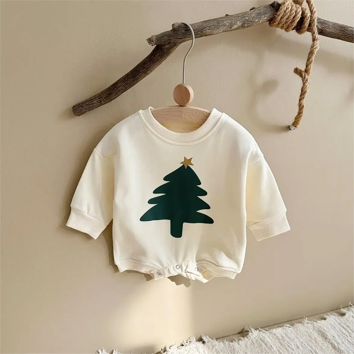 Kleinkind Baby Jungen Mädchen Grüner Weihnachtsbaum Stern-Druck Langarm-Strampler Baby Weicher Hautfreundlicher Herbst-Bodysuit – Detail 6