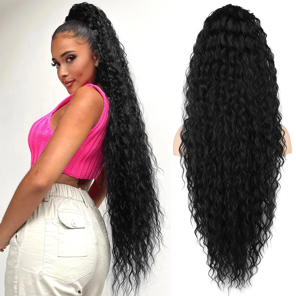 36 inch Drawstring Ponytail Extension Synthetic Black Long Lightweight Full Natural Curly Fake Tail Multi Layered Hairpiece