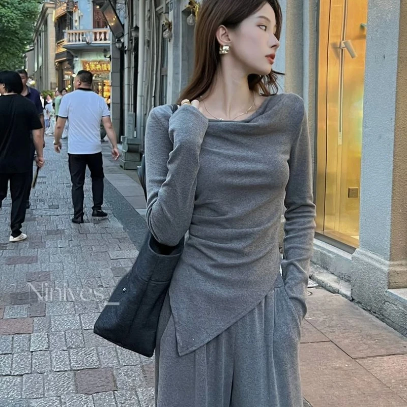 Long Sleeve T-shirts Women Slash Neck Irregular Gentle Ins All-match Basic Tender Breathable Simple Casual Tops Solid Faddish