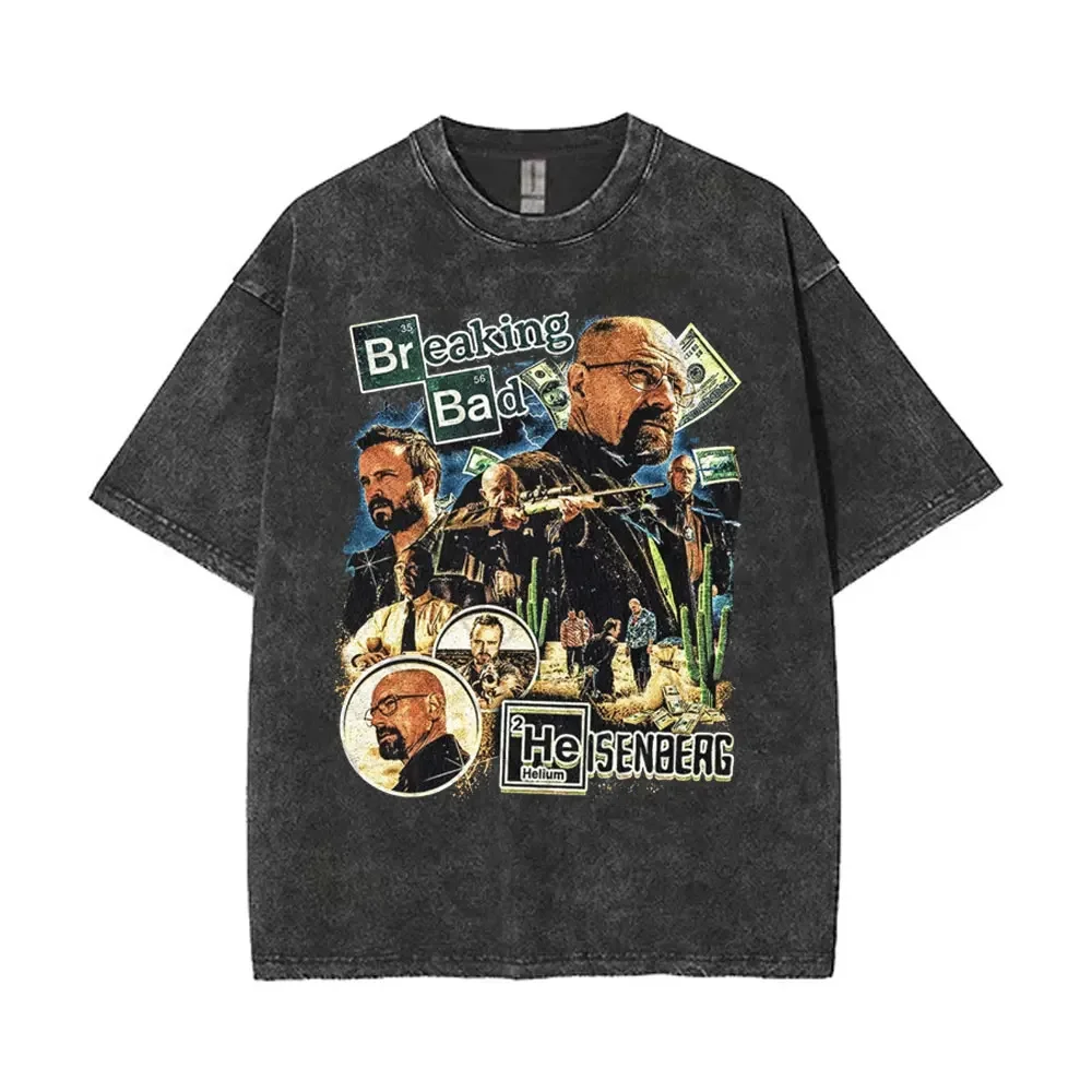 Custom Washed Vintage TV Show Fan Breaking Bad Walter White Heisenberg Cat Funny Meme T-shirts Men's Women Cotton Oversized T Sh