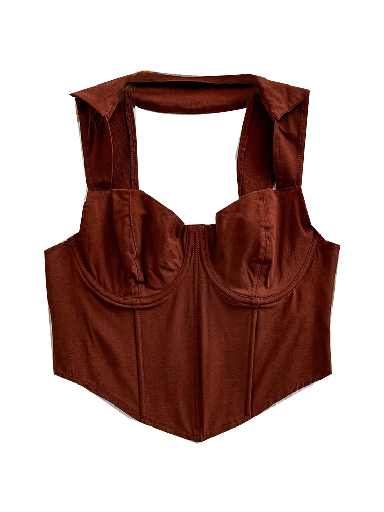 섹시한 짧은 크롭탑 여성용 스트랩 베스트 스퀘어 칼라 홀터넥 디자인 슬림핏 가슴 랩 여름 패션 트렌드