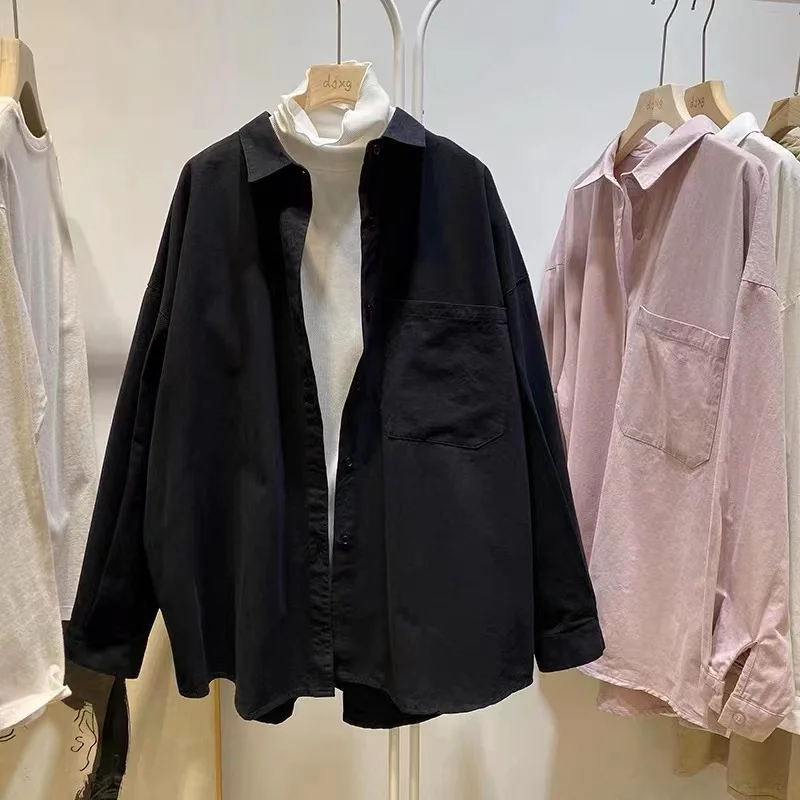 Loose Fit Pure Color Workwear irt Korean Japanese Brand Women's Casual Long Sve  Collar Cotton Blend Top