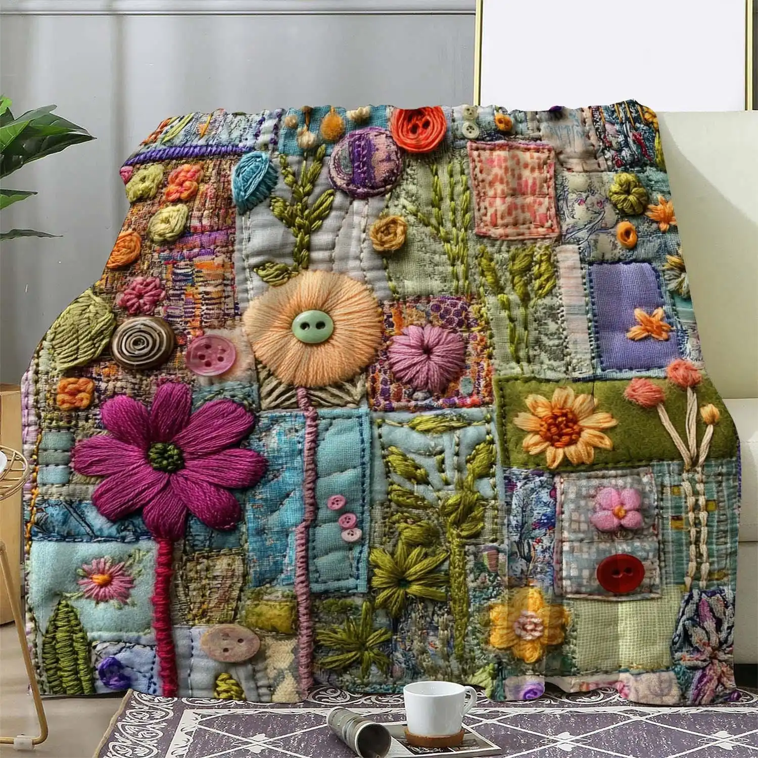 Vintage Patchwork Floral Stitched Throw Blanket,Soft Comfortable Cozy Flannel Fleece,for Sofa, Bed,Office, Camping,Travel-300gms