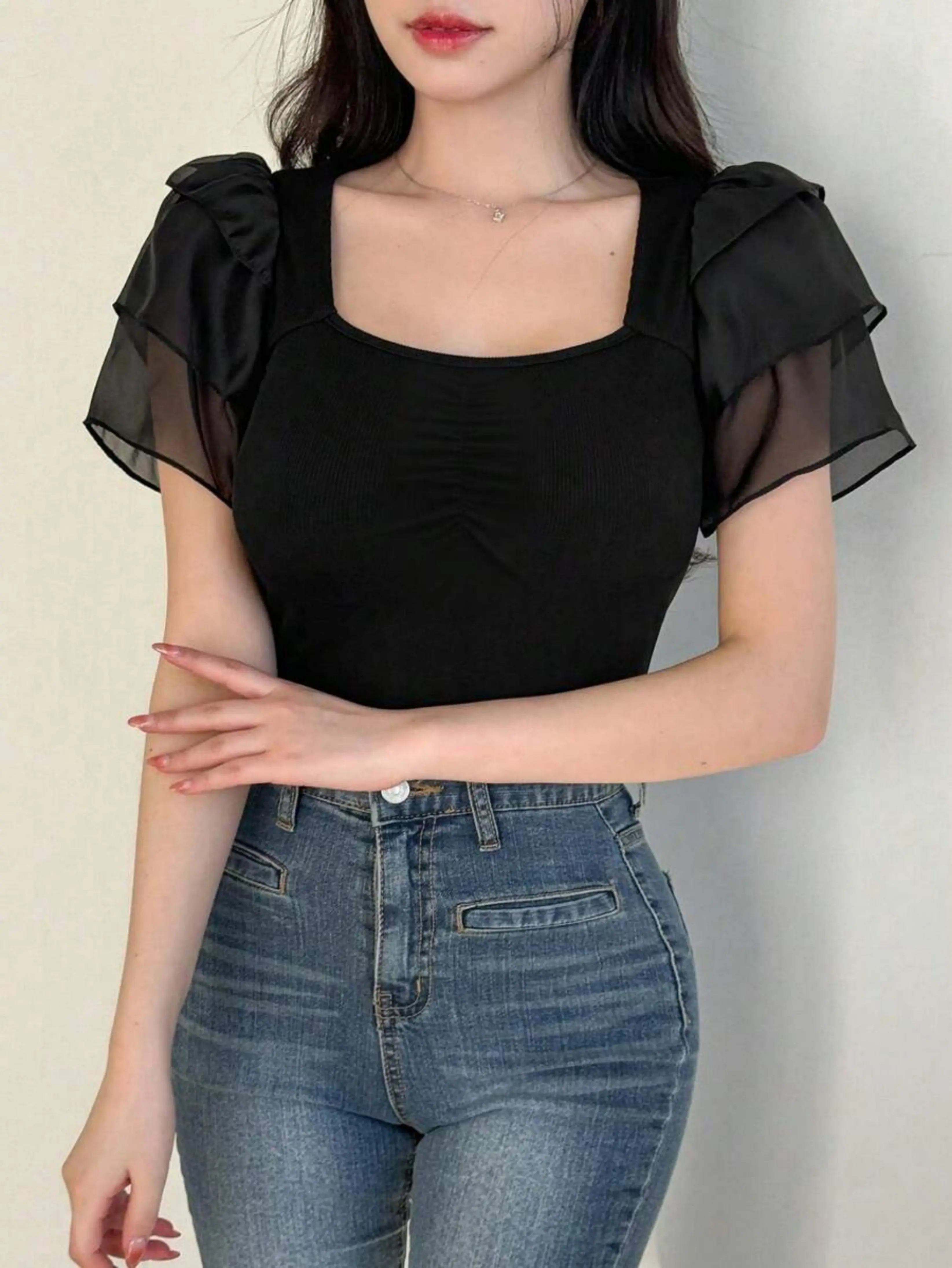Top de punto negro ajustado elegante a la moda para mujer, Top de punto con cuello cuadrado, manga de retazos de gasa, Top de punto Simple informal