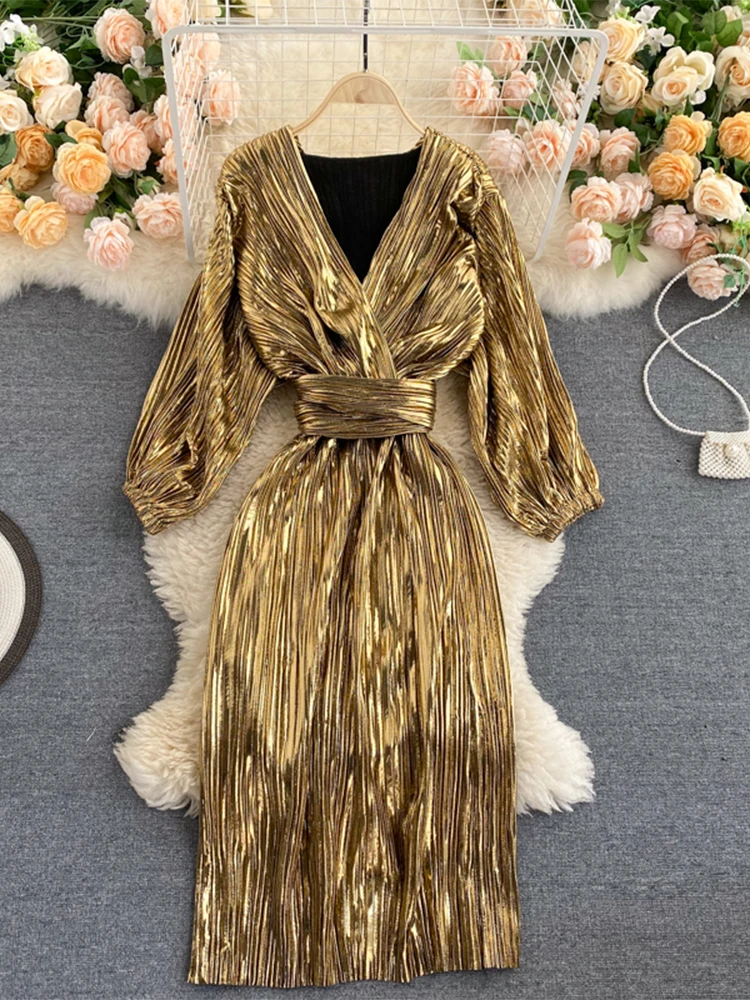 

Женское золотое роскошное платье трапециевидной формы 90-х годов, винтажные длинные вечерние платья с длинными рукавами Y2k, элегантные цельные платья, кокетливая одежда