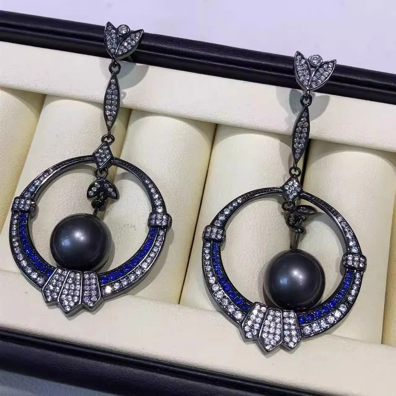 

New DIY pearl jewelry, luxurious blue, micro-inlaid, full-body S925 sterling silver, exaggerated earrings, semi-finished base