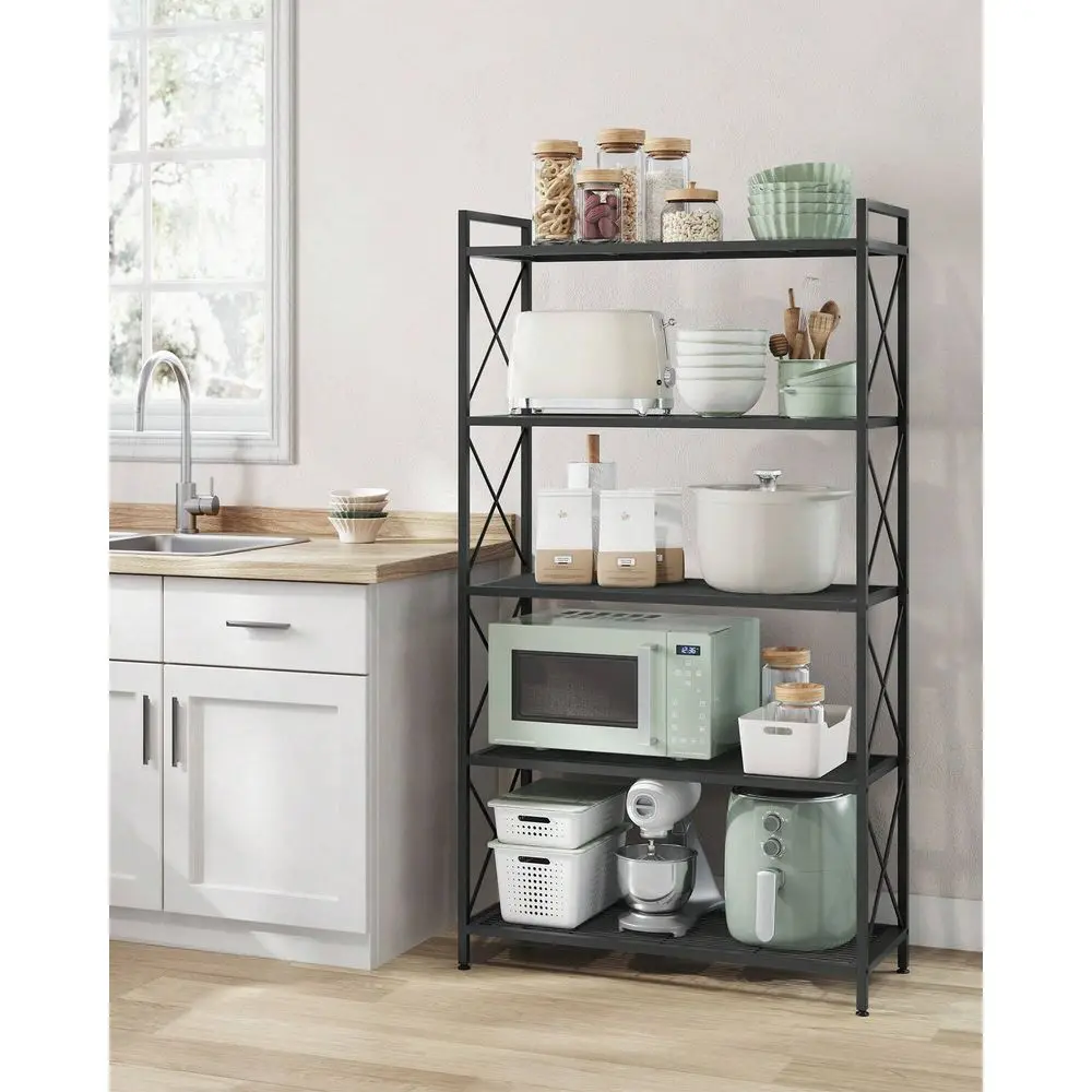 

5-ярусные металлические стеллажи для хранения, органайзер для кухни и хранения, полка-органайзер, стеллаж с боковыми X-образными рамами, плотная металлическая конструкция