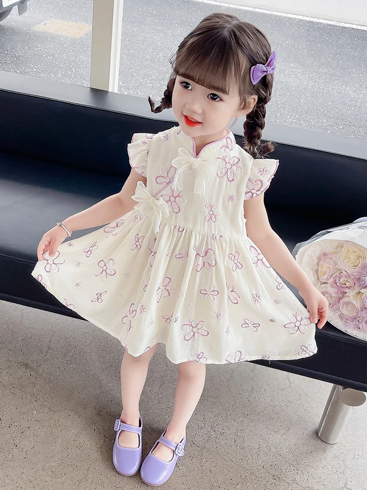Princ Sle Floral Print Summer Dr for Baby Girls Korean Sle Svel  with Flng Sves Baby Clothes