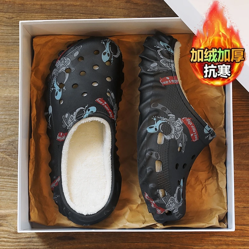 Mens Winter Indoor Keep Warm Fur Slippers With Plush Home Shoes House Printed Clogs Rubber Half Shoes Slip-On Backless Sandals