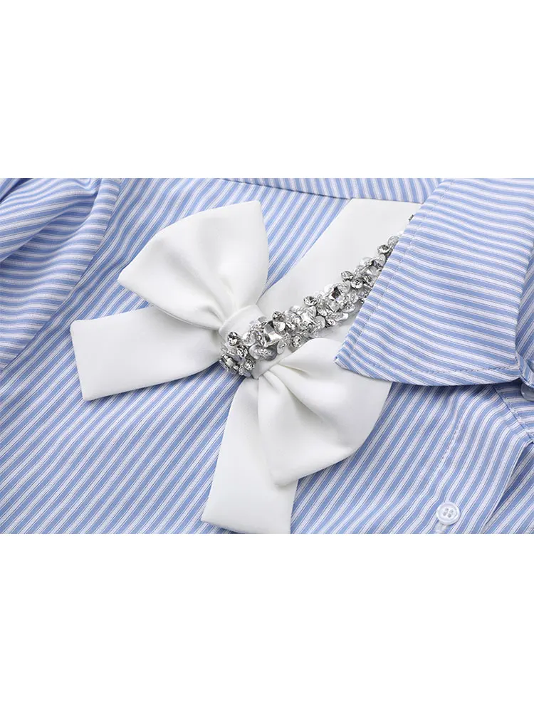 2025 Spring New High-end Women's Blue Vertical Striped Shirt Trendy Tops Shoulder White Bow Bead Diamond Long Sleeve Nice Shirts