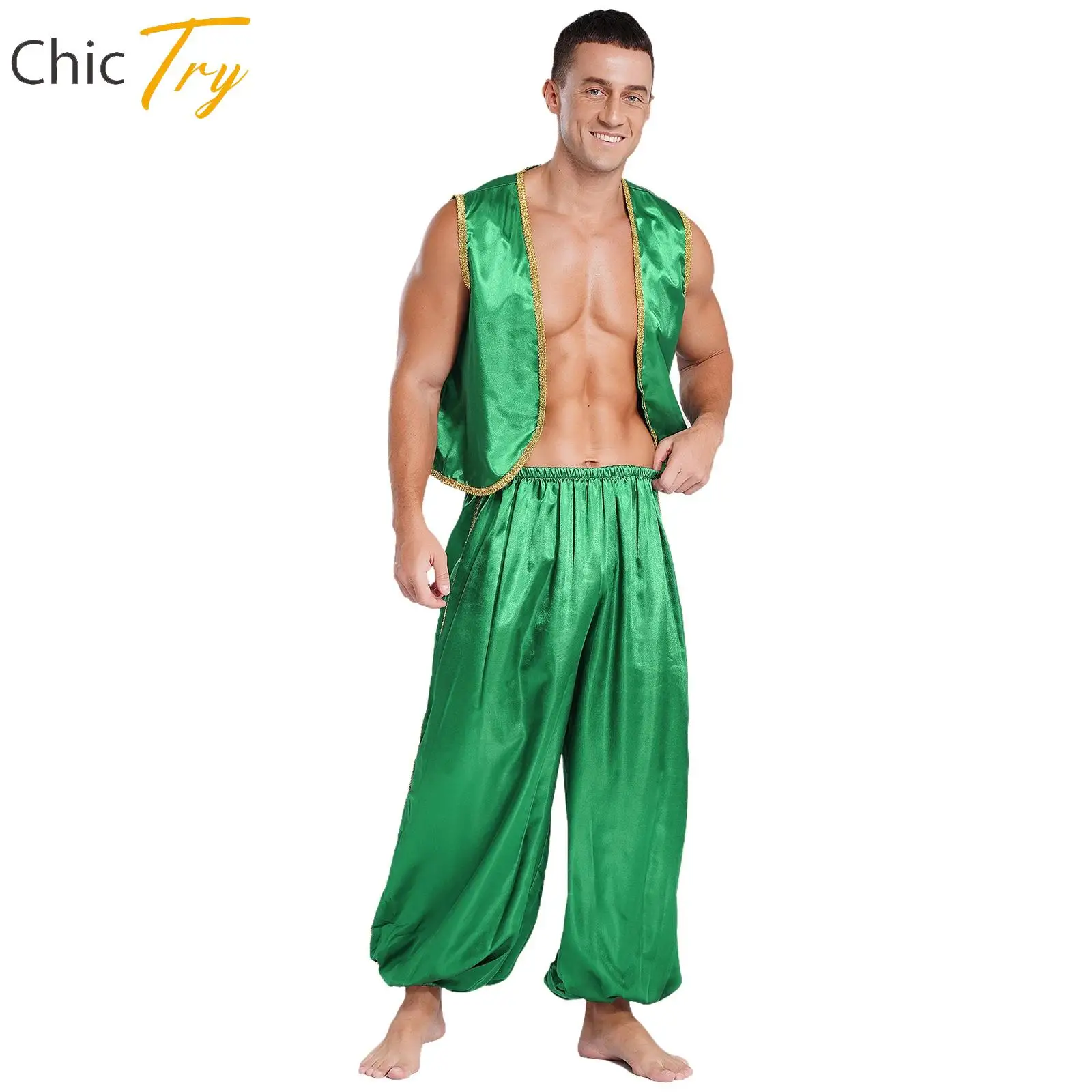 

Men Arabian Prince Costume Set Gold Trim Satin Vest Pants Suit Halloween Carnival Fairytales Show Cosplay Belly Dance Clubwear