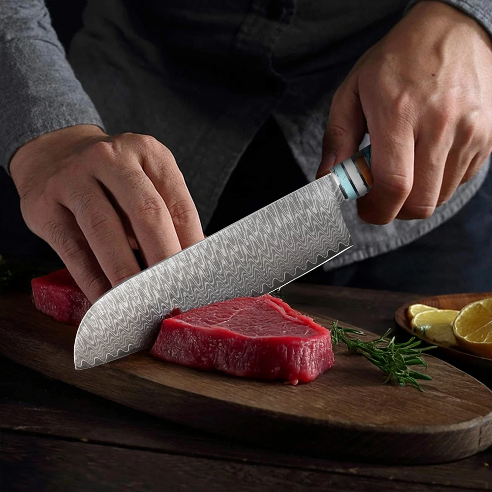 Santoku-Messer, Damaststahl mit blauem Griff, multifunktionales VG-10-Damast-Küchenmesser für professionelle und Amateurküchen. – Detail 3