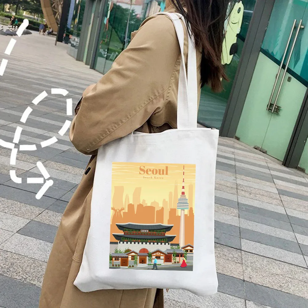 Montreal Mumbai Munich New Delhi Osaka Petra Prague Quebec Rejkjavik Riga Seoul Korea Canvas Shopping Totes Bag Shopper Handbags