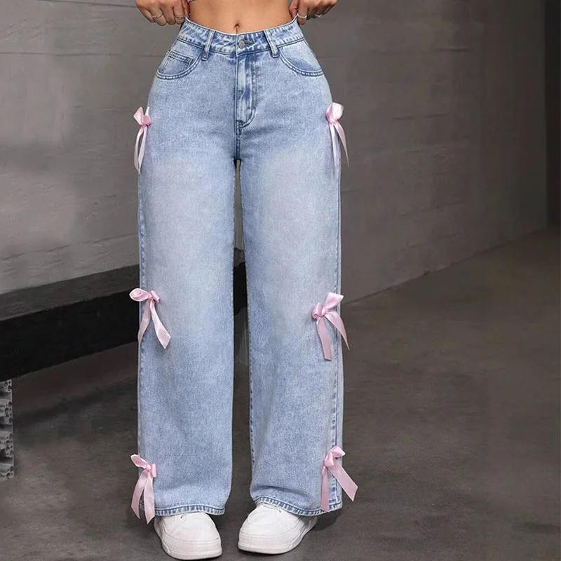 

2025 Luxury Women's Jeans Street Chic Street Style Bowknot Design Washed Denim Pants Loose Straight Wide Leg Pants For Instagram